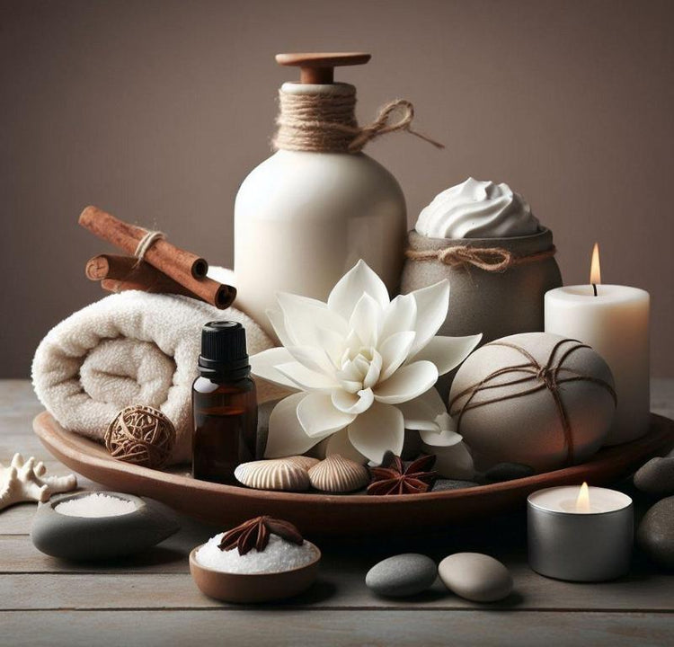 Calming spa setup displaying therapeutic items: a collection of massage stones, skincare lotions in bottles, neatly folded fresh towels, and ambient candles arranged in a peaceful composition.